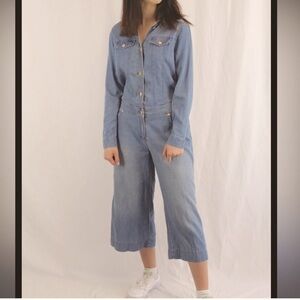 Michael Kors Cropped Denim Button Down Utility Jumpsuit Verushka Wash